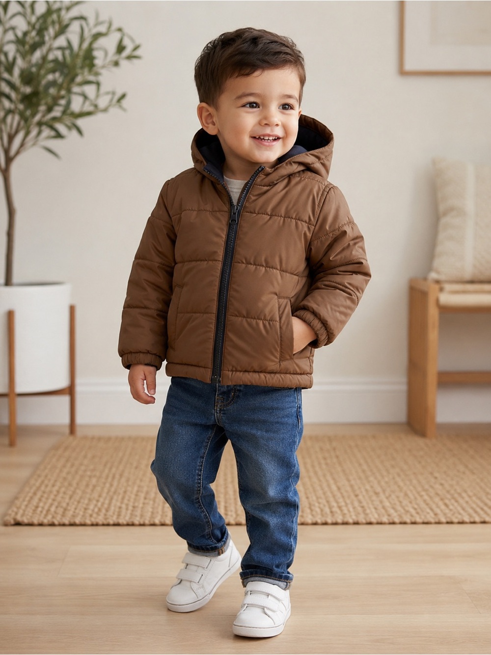 Old Navy Toddler Boys Brown Hooded Puffer Jacket Size 3T Lightweight Winter Coat